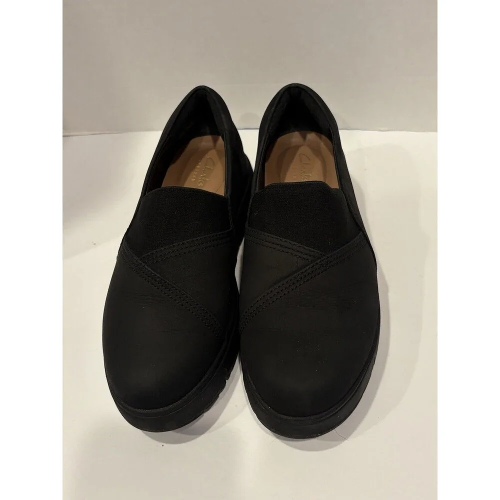 Clarks Loriini West Black Nubuck Platform Wedge Loafers Slip On Women’s 7.5